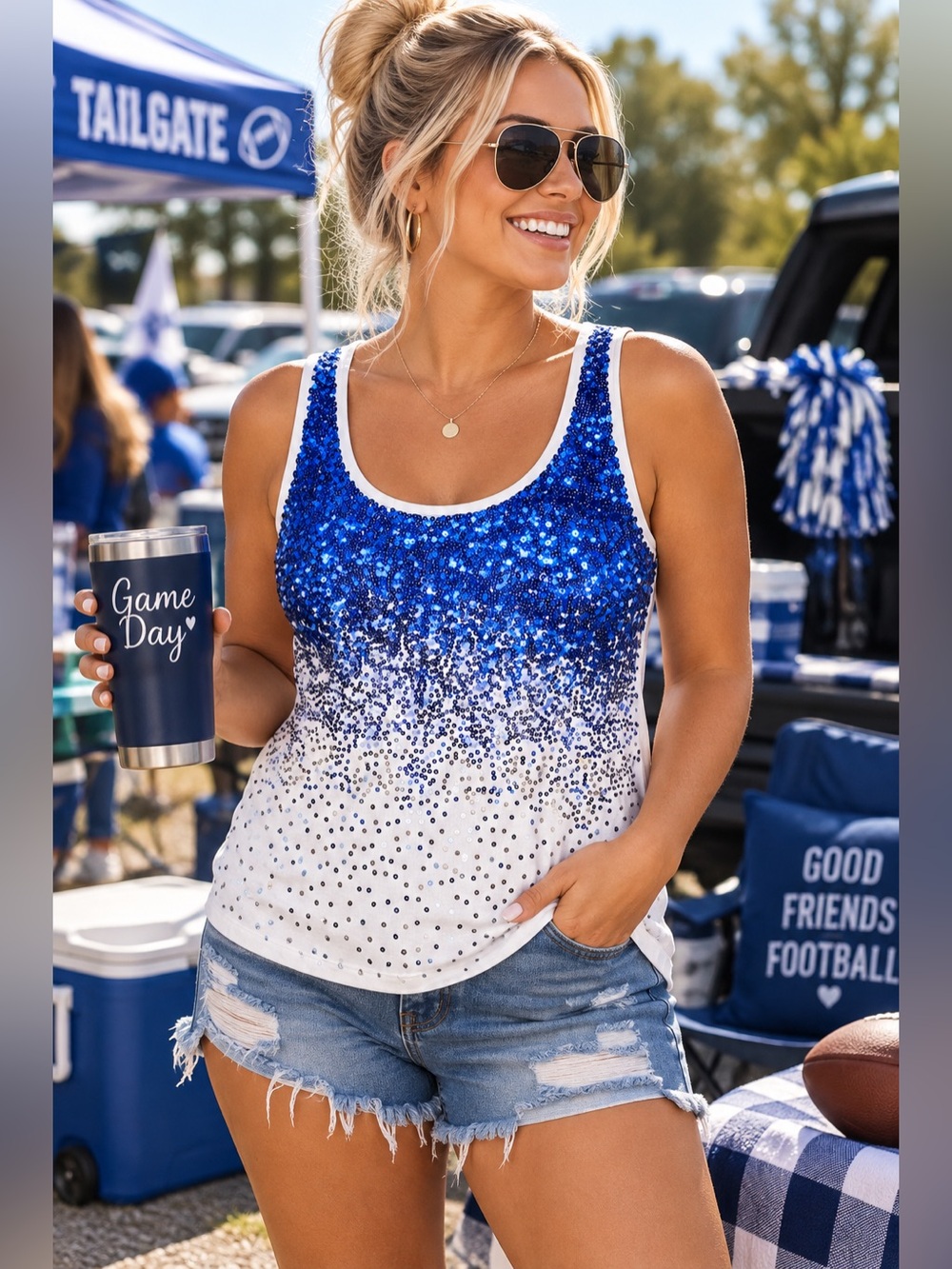 Dots Blue Sequin Ombre Tank Top Plus Size 3X
